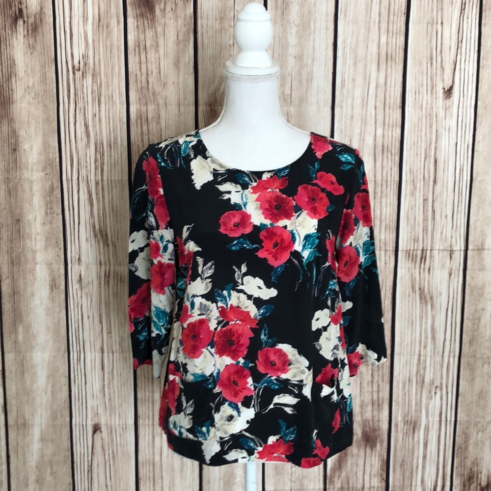 Garnet Hill 100% Silk Black & Red Floral Flowing Blouse with Scoop Necline